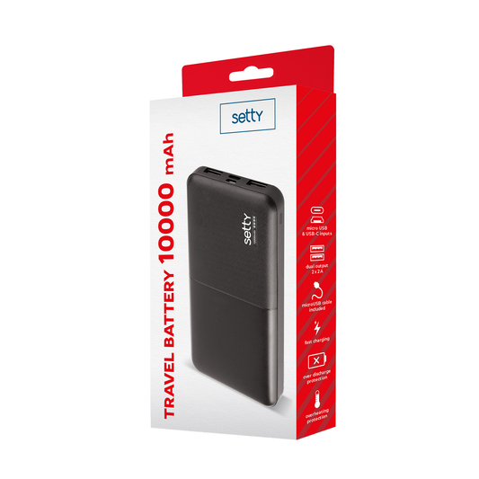 Setty Ulkoinen Akku, 10000mAh, 10W, 2 x USB-A, Musta