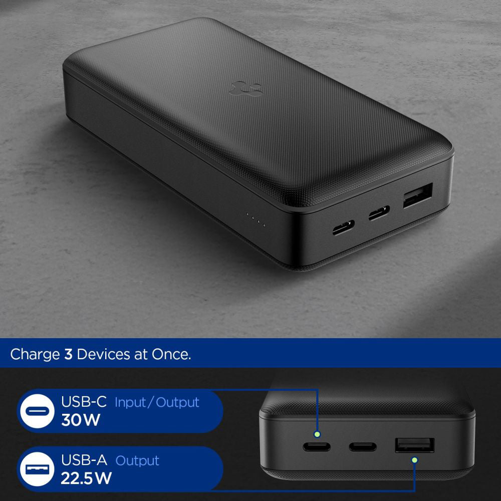 Spigen Ulkoinen Akku, 30000mAh, 30W, QC + PD, 1 x USB-A - 2 x USB-C, Musta
