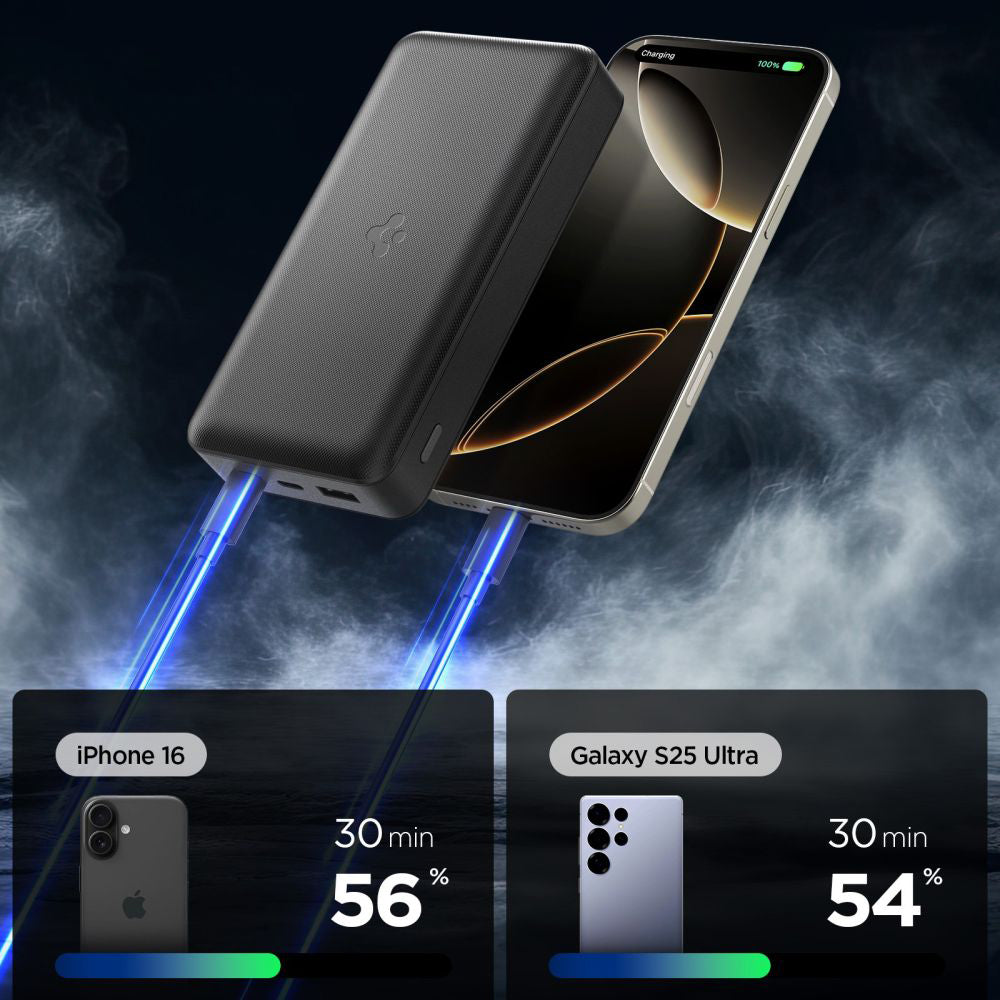 Spigen Ulkoinen Akku, 30000mAh, 30W, QC + PD, 1 x USB-A - 2 x USB-C, Musta
