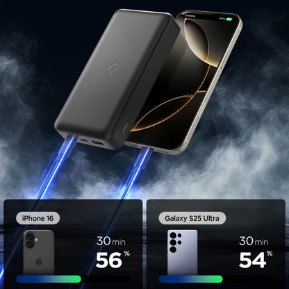 Spigen Ulkoinen Akku, 30000mAh, 30W, QC + PD, 1 x USB-A - 2 x USB-C, Musta