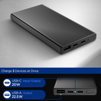 Spigen Essential Ulkoinen Akku, 10000mAh, 22.5W, QC + PD, 1 x USB-A - 2 x USB-C, Musta