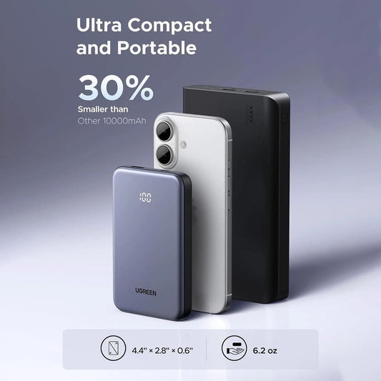 UGREEN 75131B Ulkoinen Akku, 10000mAh, 22.5W, QC + PD, 1 x USB-A - 1 x USB-C, Harmaa