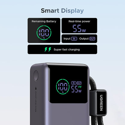 UGREEN Nexode Pro PB727 (85301B) ulkoinen akku, 10000mAh, 55W, QC + PD, 1 x USB-A - 2 x USB-C, harmaa