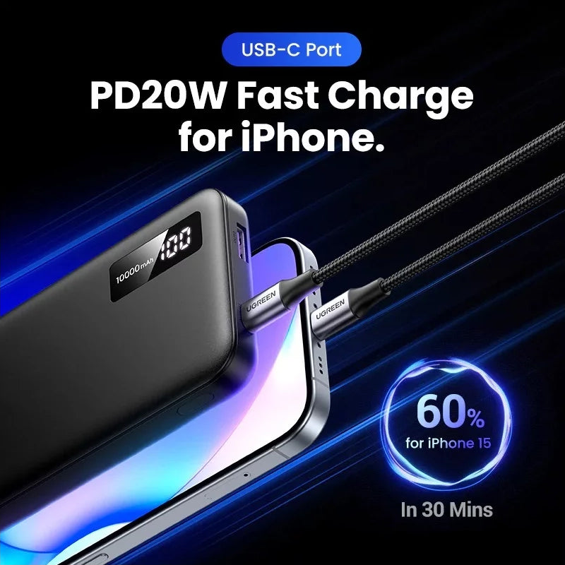 UGREEN PB311 Ulkoinen Akku, 10000mAh, 22.5W, QC + PD, 1 x USB-C - 2 x USB-A, Musta