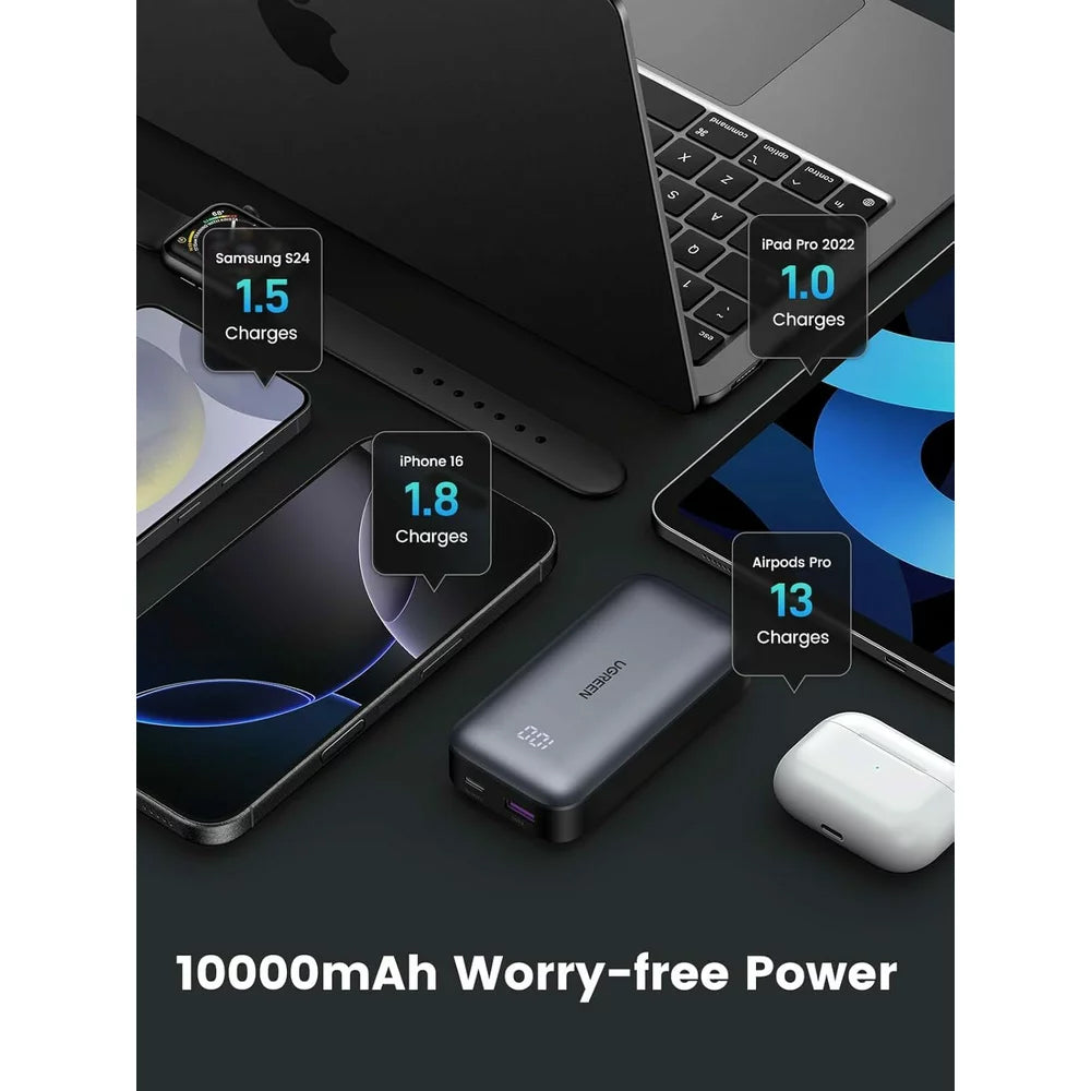 UGREEN PB502 Ulkoinen Akku, 10000mAh, 30W, QC + PD, 1 x USB-A - 1 x USB-C, Harmaa