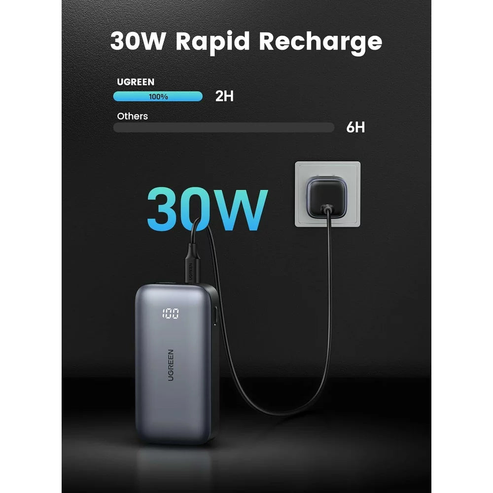 UGREEN PB502 Ulkoinen Akku, 10000mAh, 30W, QC + PD, 1 x USB-A - 1 x USB-C, Harmaa
