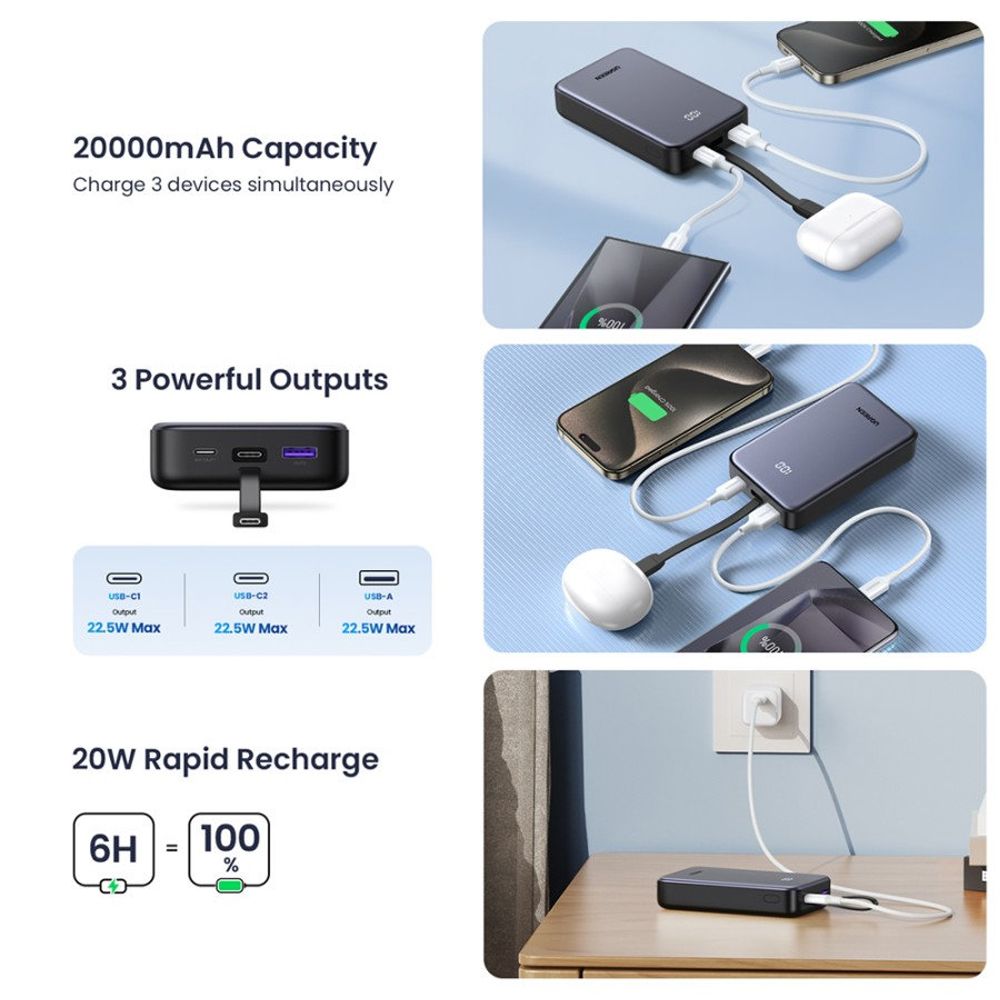 UGREEN PB505 Ulkoinen Akku, 20000mAh, 22.5W, QC + PD, 1 x USB-A - 2 x USB-C, Harmaa
