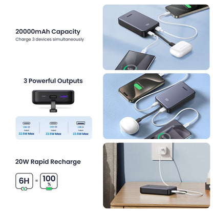 UGREEN PB505 Ulkoinen Akku, 20000mAh, 22.5W, QC + PD, 1 x USB-A - 2 x USB-C, Harmaa