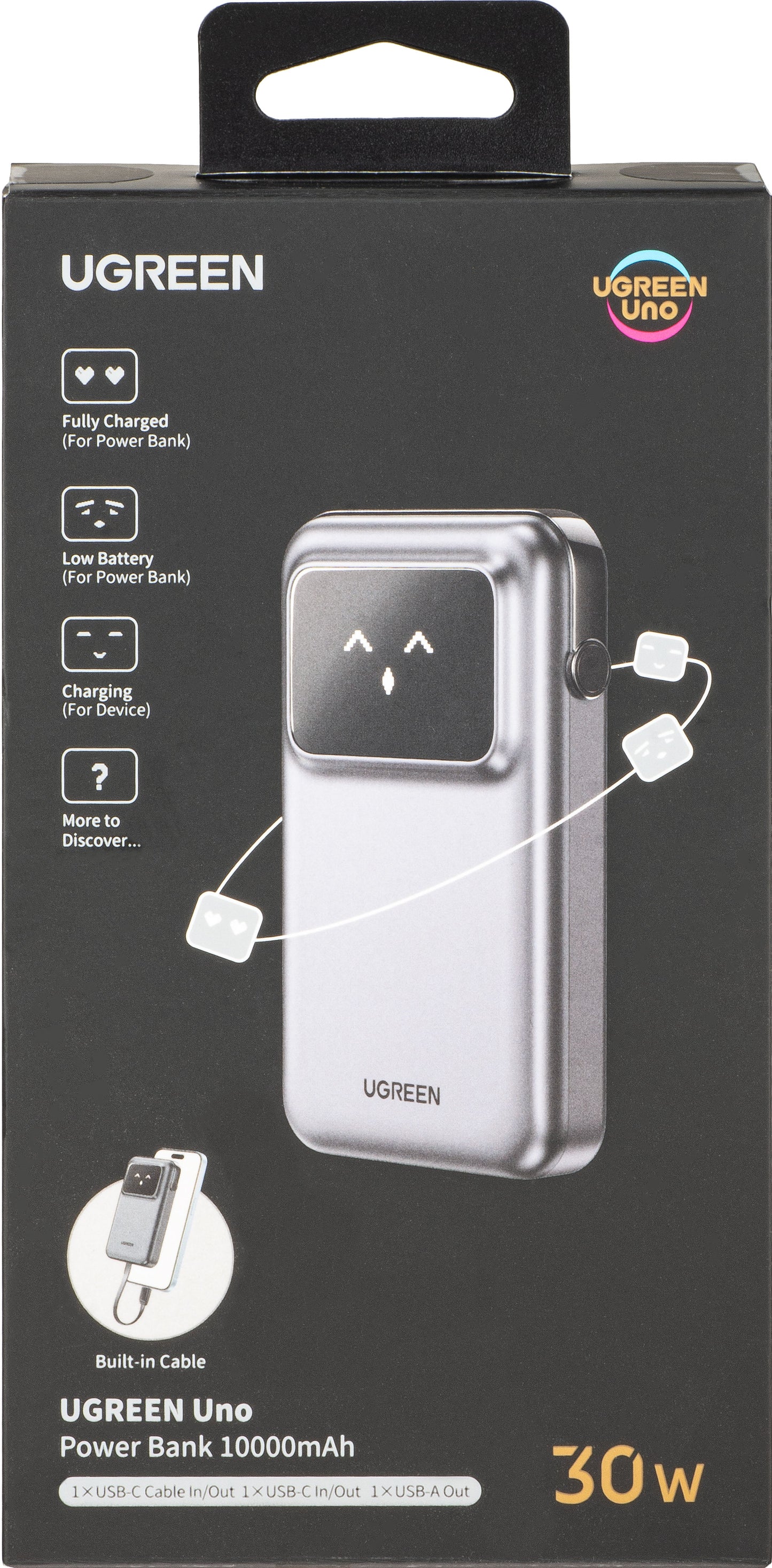 UGREEN PB511 Uno Ulkoinen Akku, 10000mAh, 30W, QC + PD, 1 x USB-A - 2 x USB-C, Harmaa