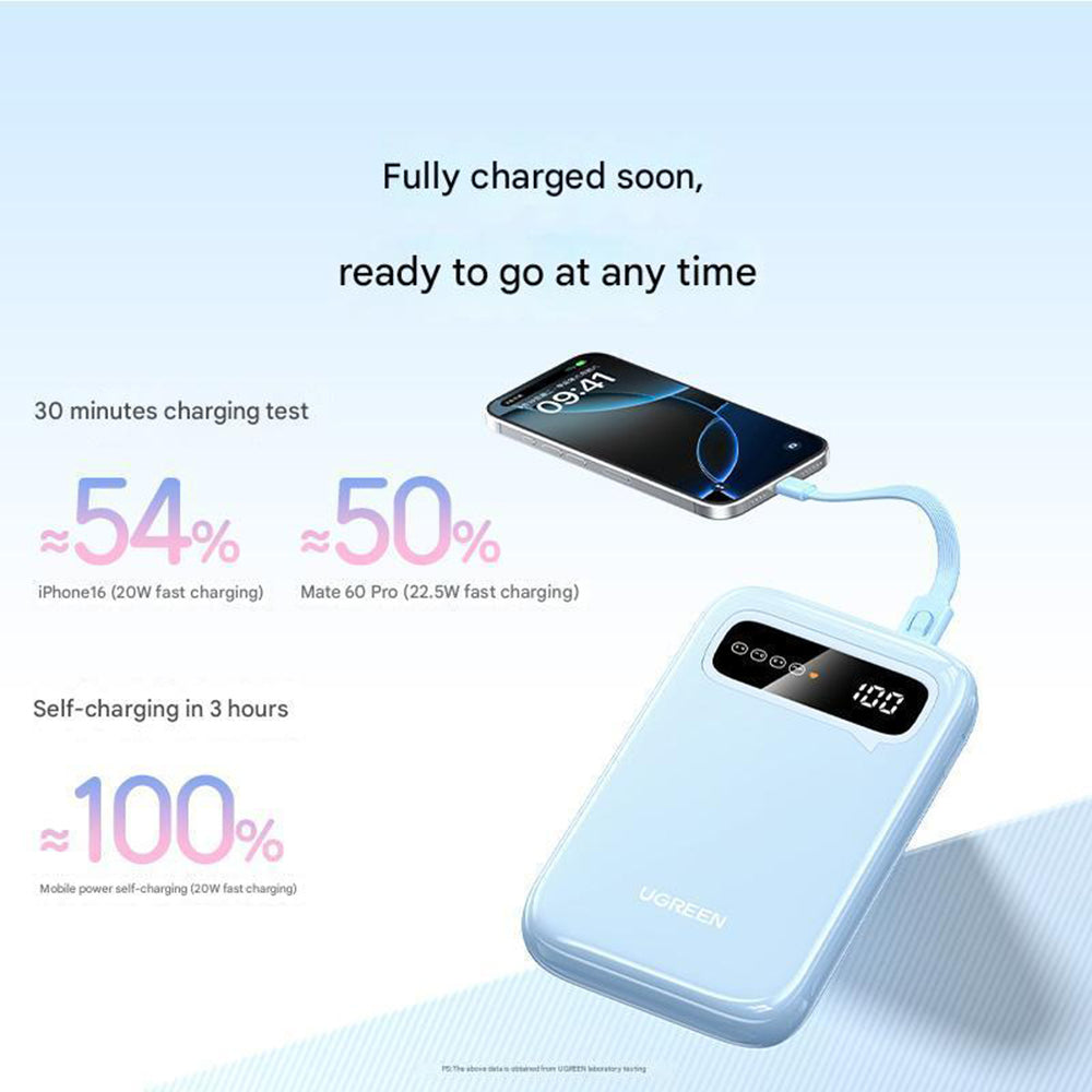 UGREEN PB522 Ulkoinen Akku, 10000mAh, 20W, QC + PD, 1 x USB-A - 1 x USB-C, Sininen