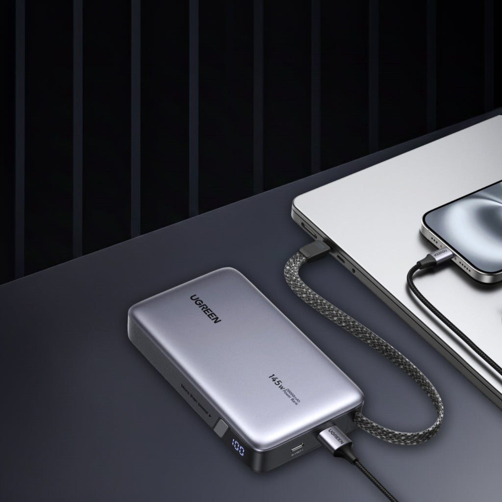 UGREEN PB551 (55992) ulkoinen akku, 20000mAh, 145W, QC + PD, 1 x USB-A - 2 x USB-C, Harmaa