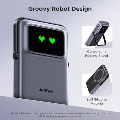 UGREEN PB572 Uno langaton ulkoinen akku, 10000mAh, 20W, PD + FQI, 1 x QI - 1 x USB-C, Harmaa