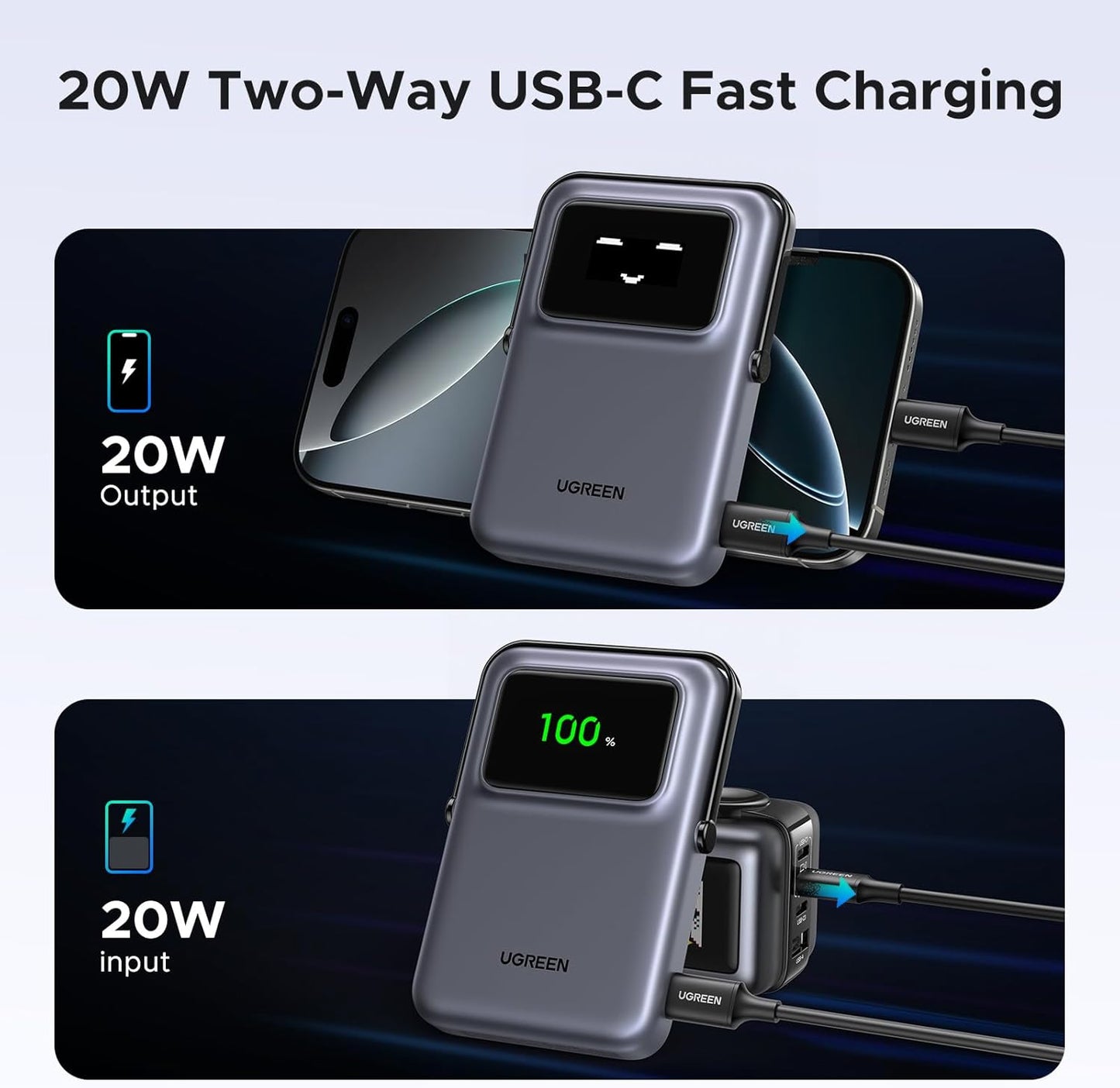 UGREEN PB572 Uno langaton ulkoinen akku, 10000mAh, 20W, PD + FQI, 1 x QI - 1 x USB-C, Harmaa