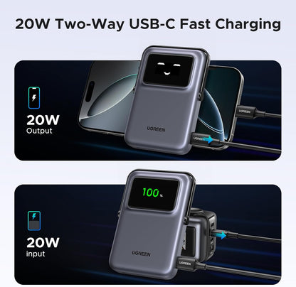 UGREEN PB572 Uno langaton ulkoinen akku, 10000mAh, 20W, PD + FQI, 1 x QI - 1 x USB-C, Harmaa