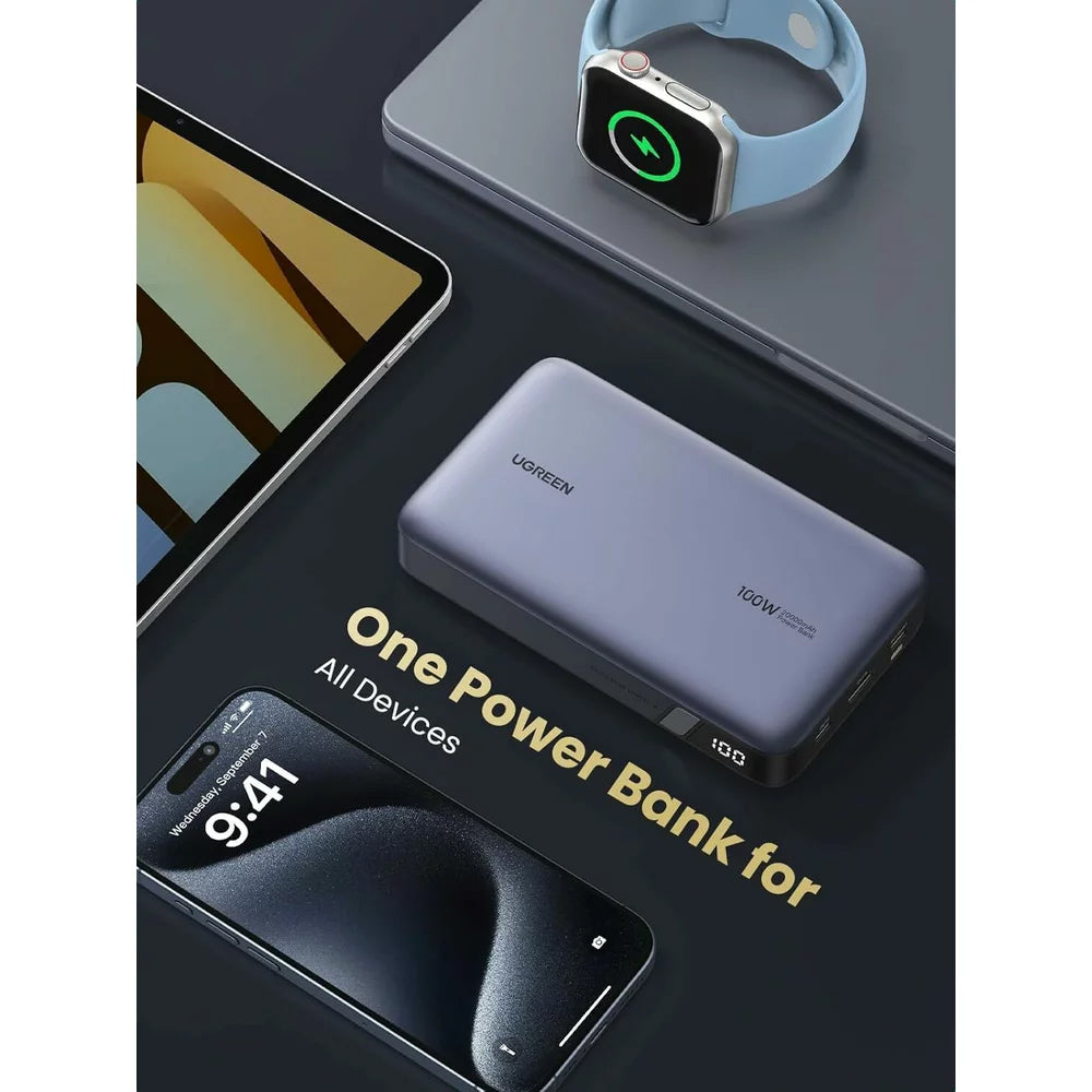 UGREEN PB720 Nexode External Battery, 20000mAh, 100W, QC + PD, 1 x USB-A - 2 x USB-C, Gray