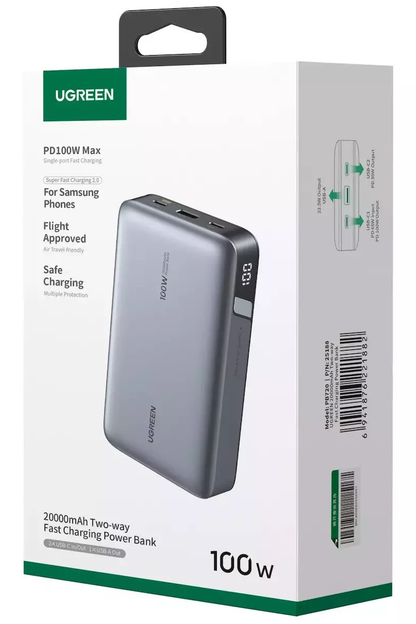 UGREEN PB720 Nexode External Battery, 20000mAh, 100W, QC + PD, 1 x USB-A - 2 x USB-C, Gray