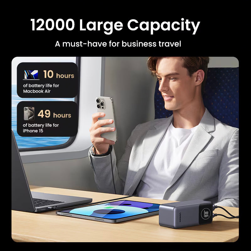 UGREEN PB724 External Battery, 12000mAh, 100W, QC + PD, 1 x USB-A - 1 x USB-C, Grey 