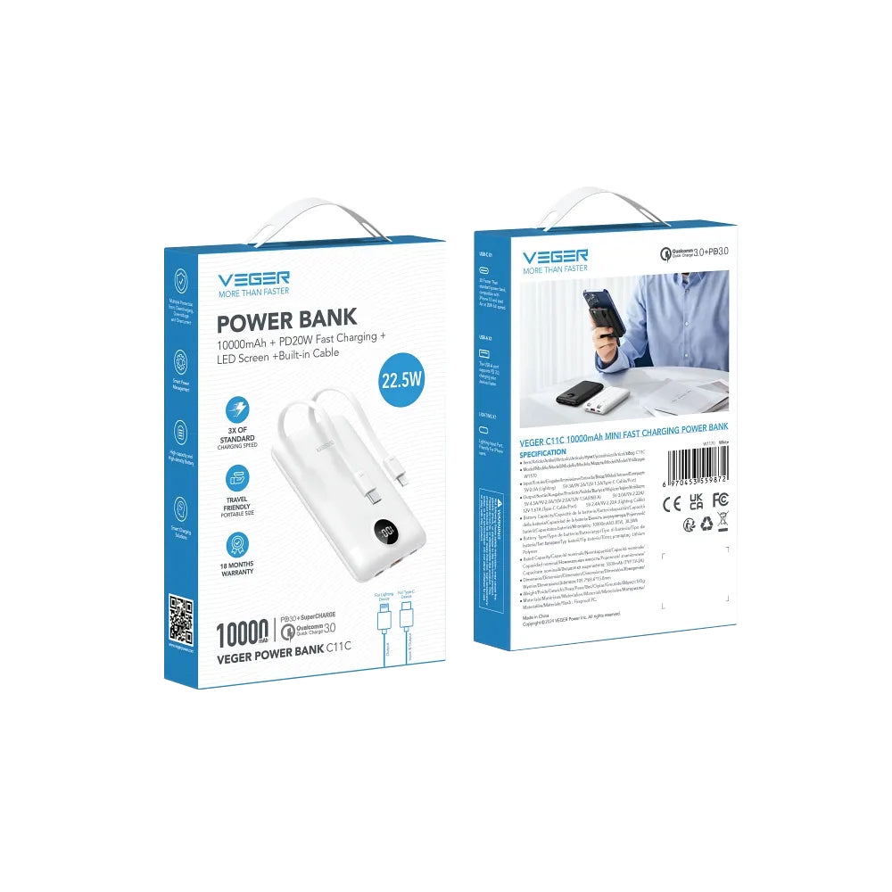 Ulkoinen akku Veger C11C, 10000mAh, 22.5W, QC + PD, 1 x Lightning - 1 x USB-A - 2 x USB-C, Valkoinen