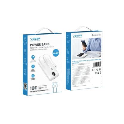 Ulkoinen akku Veger C11C, 10000mAh, 22.5W, QC + PD, 1 x Lightning - 1 x USB-A - 2 x USB-C, Valkoinen