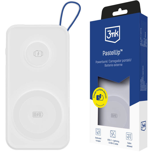 Langaton ulkoinen akku 3MK PastelUp, 10000mAh, 22.5W, QC + PD + FQI, 1 x USB-A - 1 x USB-C - 2 x QI, Valkoinen