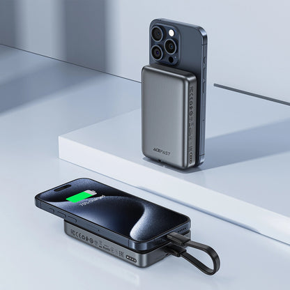 Langaton ulkoinen akku Acefast M10, 10000mAh, 30W, PD + FQI, 1 x QI - 2 x USB-C, Musta