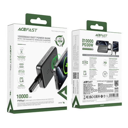 Langaton ulkoinen akku Acefast M10, 10000mAh, 30W, PD + FQI, 1 x QI - 2 x USB-C, Musta
