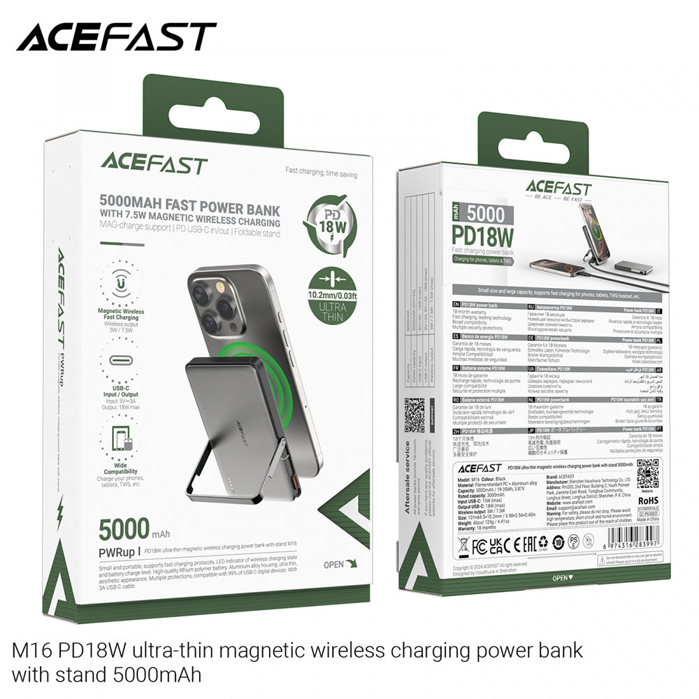 Langaton ulkoinen akku Acefast M16, 5000mAh, 18W, PD + FQI, 1 x QI - 1 x USB-C, Musta