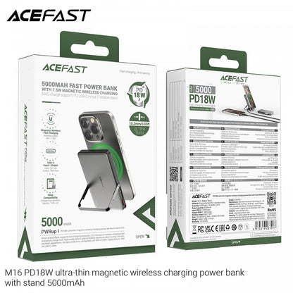 Langaton ulkoinen akku Acefast M16, 5000mAh, 18W, PD + FQI, 1 x QI - 1 x USB-C, Musta
