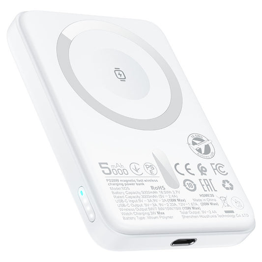 Langaton ulkoinen akku Acefast M25, 5000mAh, 20W, PD + FQI, 1 x QI - 1 x USB-C, Valkoinen