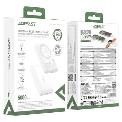 Acefast M25 Wireless External Battery, 5000mAh, 20W, PD + FQI, 1 x QI - 1 x USB-C, White