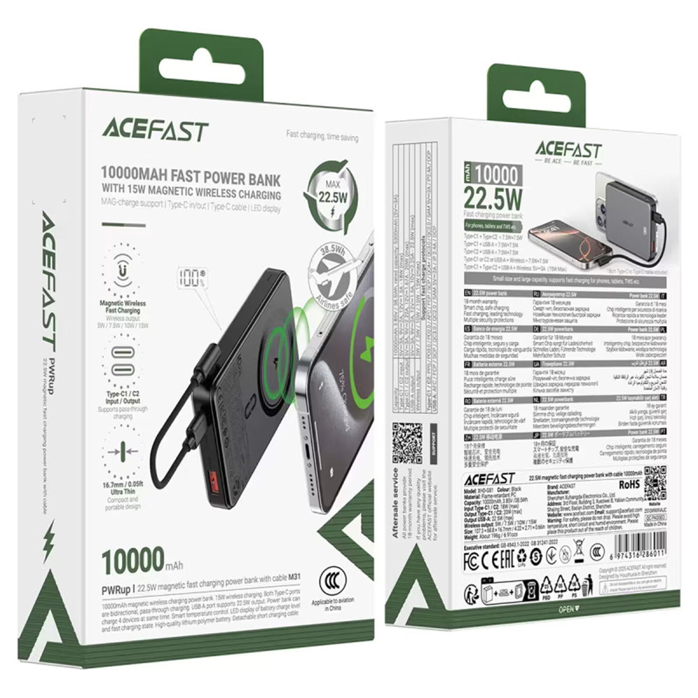 Acefast M31 Wireless External Battery, 10000mAh, 22.5W, QC + PD + FQI, 1 x QI - 1 x USB-A - 2 x USB-C, Black