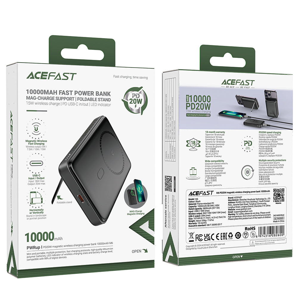 Langaton Acefast M6 Ulkoinen Akku, 10000mAh, 20W, PD + FQI, 1 x QI - 1 x USB-C, Musta