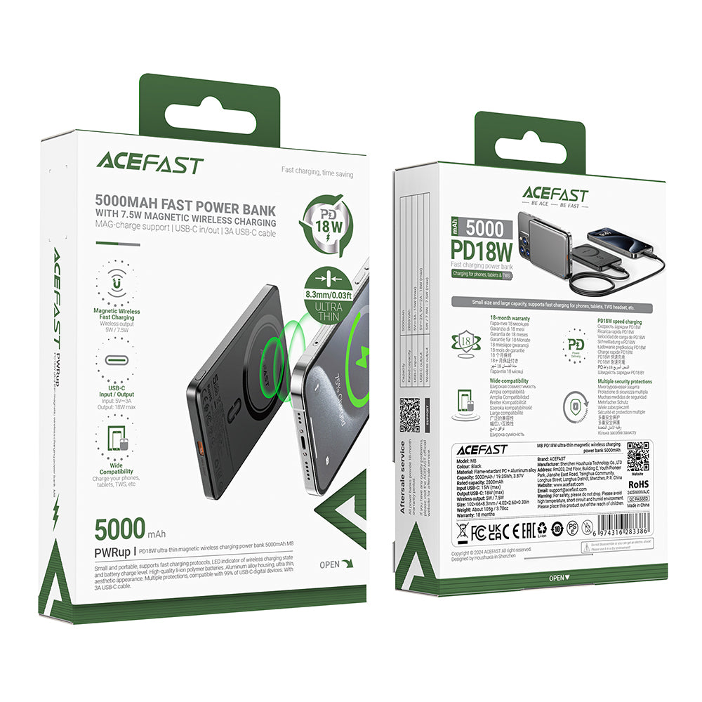 Acefast M8 Wireless External Battery, 5000mAh, 18W, PD + FQI, 1 x QI - 1 x USB-C, Black