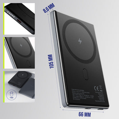 Allity Wireless External Battery. APB-300, 5000mAh, 20W, PD + QC, 1 x QI - 1 x USB-C, Gray