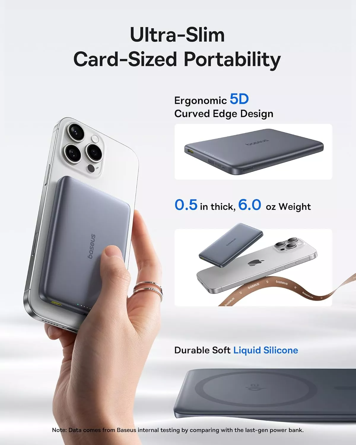 Baseus PicoGo AM41 Ulkoinen Langaton Akku, 10000mAh, 27W, PD + FQI, 1 x QI - 1 x USB-C, Harmaa E0027200