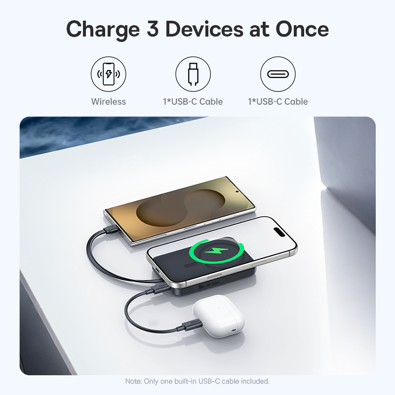 Baseus EnerFill FM11 Wireless Power Bank, 10000mAh, 30W, PD + FQI, 1 x QI - 2 x USB-C, Black E0028904