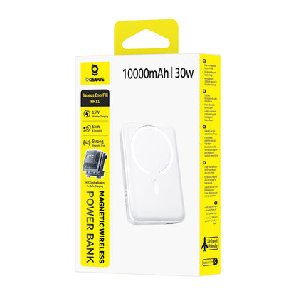 Langaton ulkoinen akku Baseus EnerFill FM11, 10000mAh, 30W, PD + FQI, 1 x QI - 1 x USB-C, Valkoinen