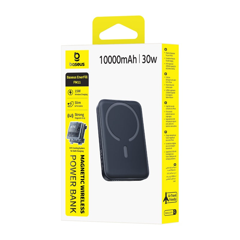 Langaton ulkoinen akku Baseus EnerFill FM11, 10000mAh, 30W, PD + FQI, 1 x QI - 1 x USB-C, Musta
