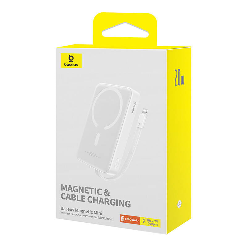Langaton Baseus Magnetic Mini -ulkoinen akku, 10000mAh, 20W, PD + FQI, 1 x Lightning - 1 x QI - 1 x USB-C, Valkoinen P10022109223-00