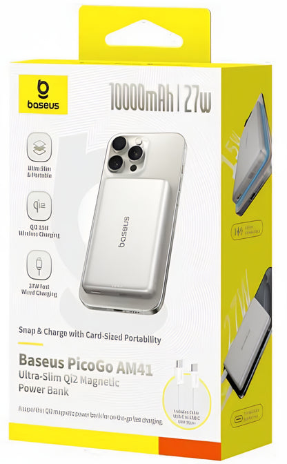 Baseus PicoGo AM41 Ulkoinen Langaton Akku, 10000mAh, 27W, PD + FQI, 1 x QI - 1 x USB-C, Beige E0027203