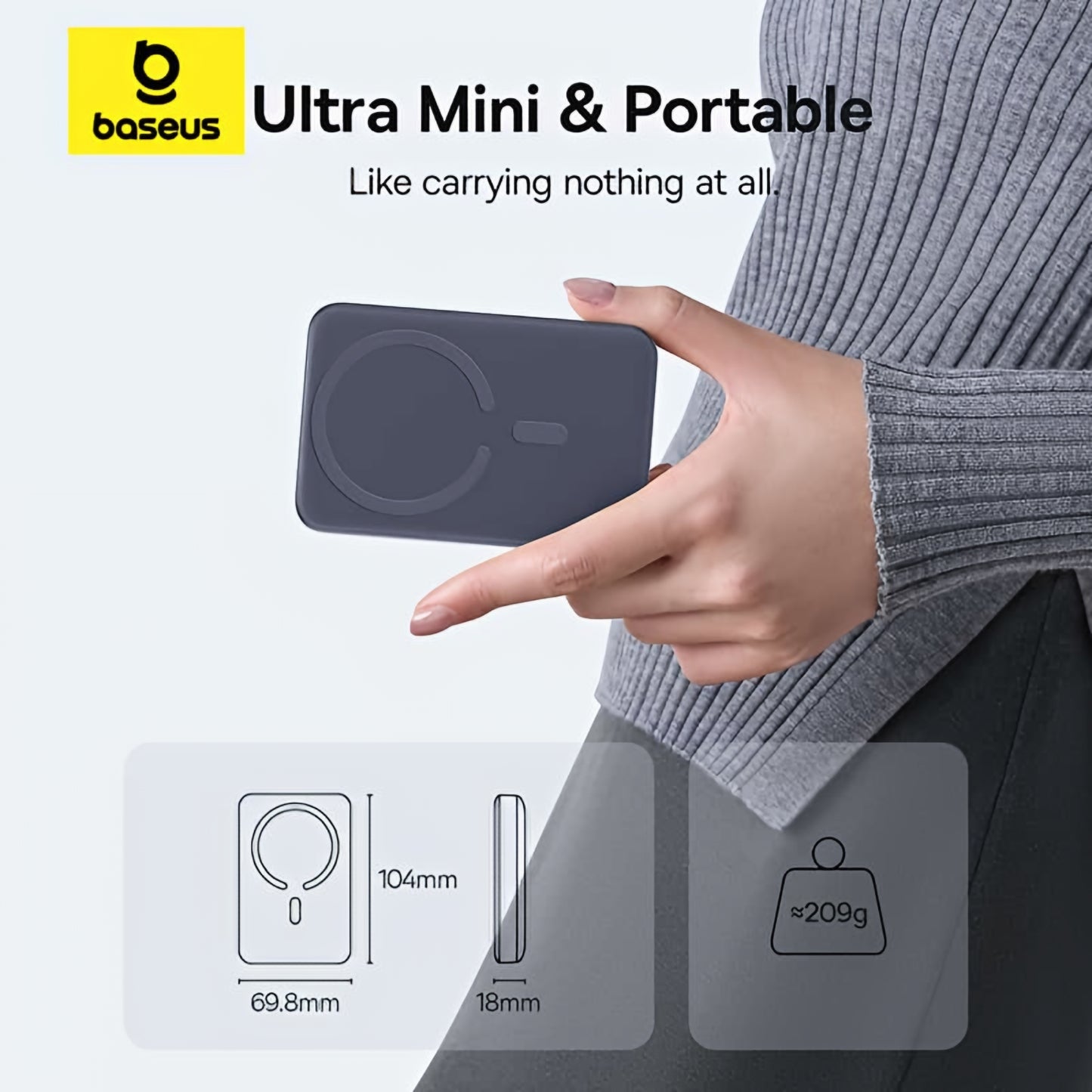 Baseus EnerFill FM11 Ultra-Mini langaton ulkoinen akku, 10000mAh, 22.5W, PD + FQI, 1 x QI - 1 x USB-C, Harmaa E0026602
