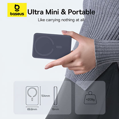 Baseus EnerFill FM11 Ultra-Mini langaton ulkoinen akku, 10000mAh, 22.5W, PD + FQI, 1 x QI - 1 x USB-C, Harmaa E0026602