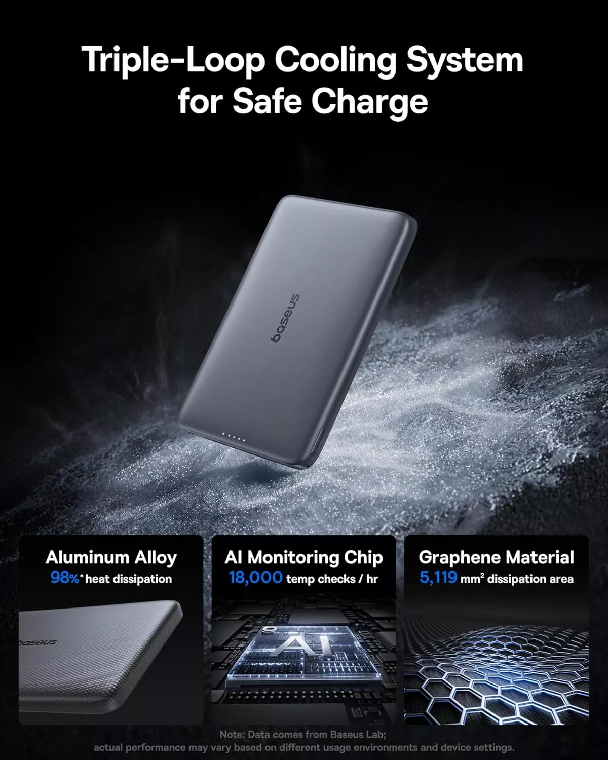 Baseus PicoGo AM41 Ulkoinen Langaton Akku, 10000mAh, 27W, PD + FQI, 1 x QI - 1 x USB-C, Harmaa E0027200