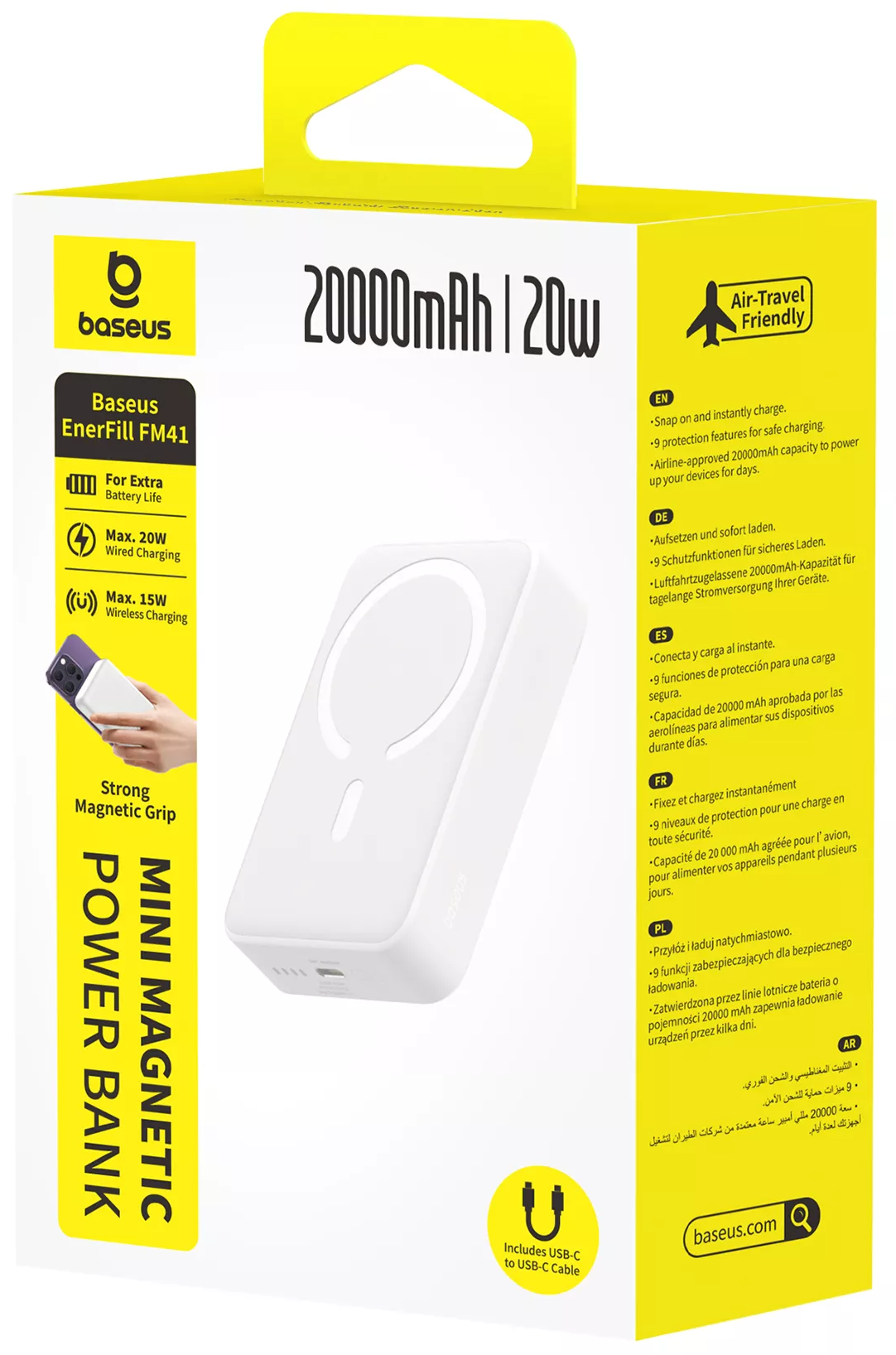 Langaton ulkoinen akku Baseus EnerFill FM41 Mini, 20000mAh, 20W, PD + FQI, 1 x QI - 1 x USB-C, Valkoinen E0027U01