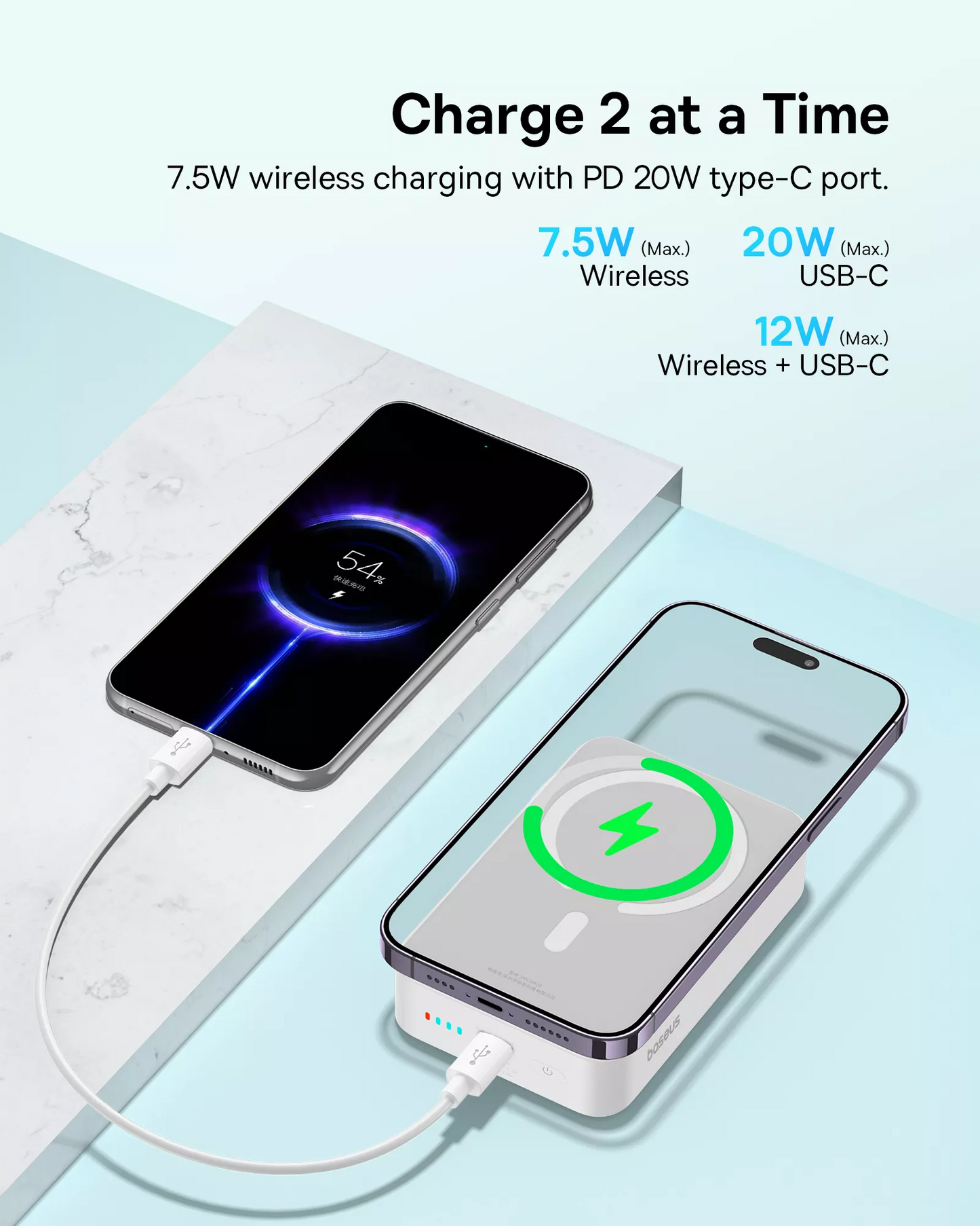Langaton ulkoinen akku Baseus EnerFill FM41 Mini, 20000mAh, 20W, PD + FQI, 1 x QI - 1 x USB-C, Valkoinen E0027U01