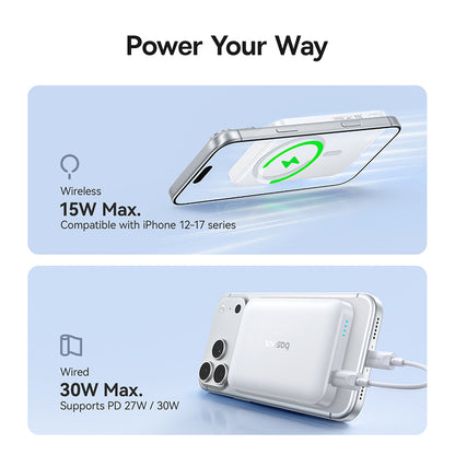 Langaton ulkoinen akku Baseus EnerFill FM11, 10000mAh, 30W, PD + FQI, 1 x QI - 1 x USB-C, Valkoinen