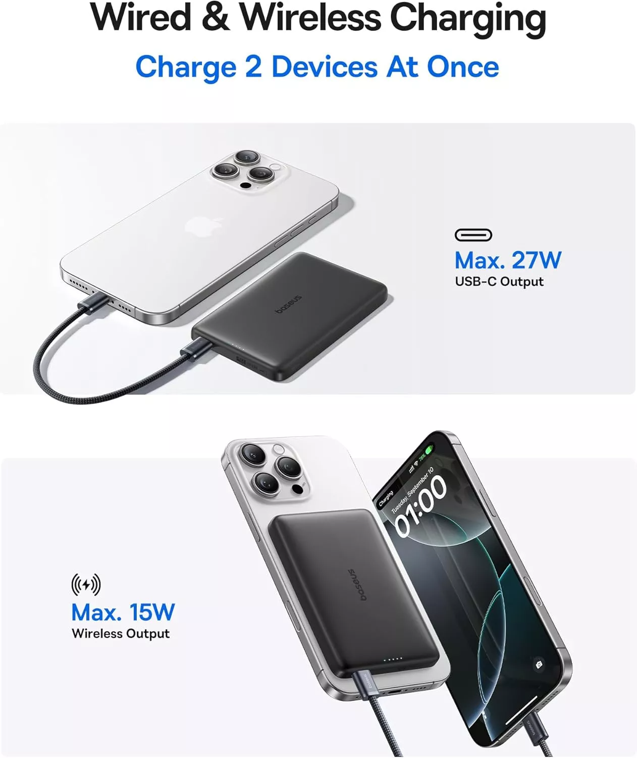 Baseus PicoGo AM41 langaton ulkoinen akku, 10000mAh, 27W, PD + FQI, 1 x QI - 1 x USB-C, Musta E0027201