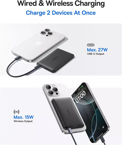 Baseus PicoGo AM41 langaton ulkoinen akku, 10000mAh, 27W, PD + FQI, 1 x QI - 1 x USB-C, Musta E0027201