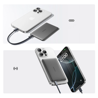 Baseus PicoGo AM41 langaton ulkoinen akku, 5000mAh, 20W, PD + FQI, 1 x QI - 1 x USB-C, Musta
