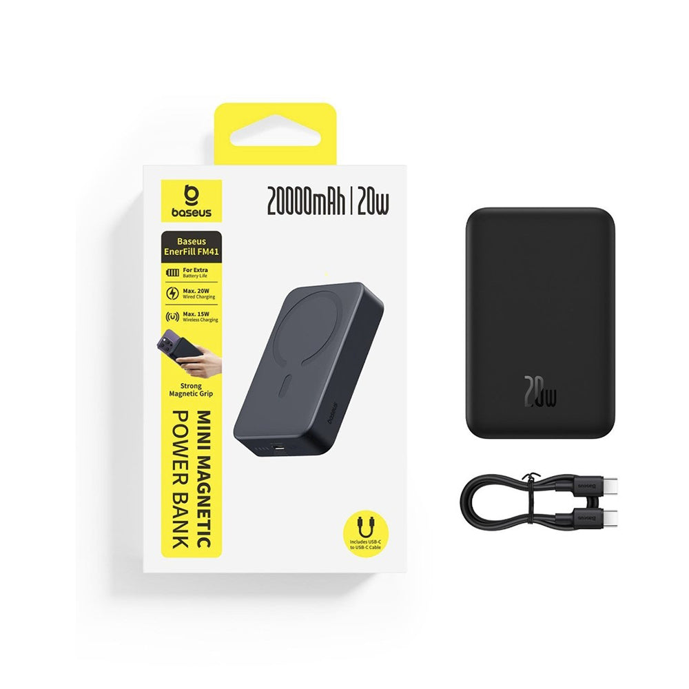 Langaton ulkoinen akku Baseus EnerFill FM41, 20000mAh, 20W, PD - FQI, 1 x QI - 1 x USB-C, Musta E0027U00